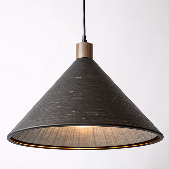 Hanging conical black pendant lamp with a wooden top against a white background.