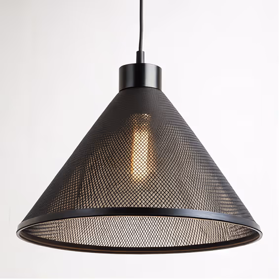 Black metal mesh pendant light with a conical shade hanging from a cord.